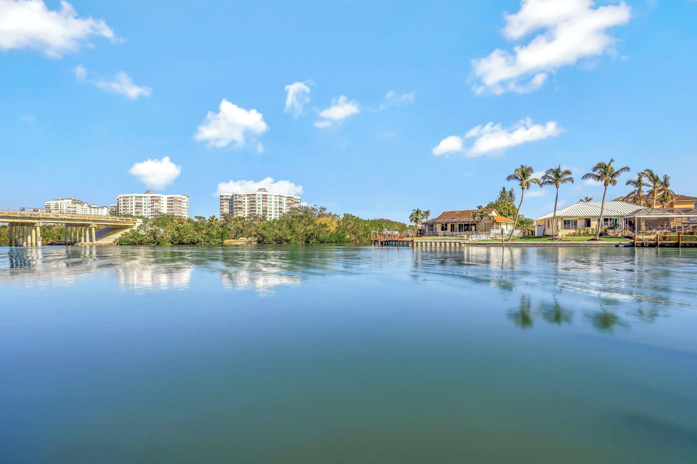 A calm waterfront with buildings and palm trees.