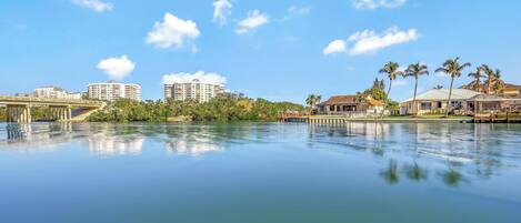 A calm waterfront with buildings and palm trees.