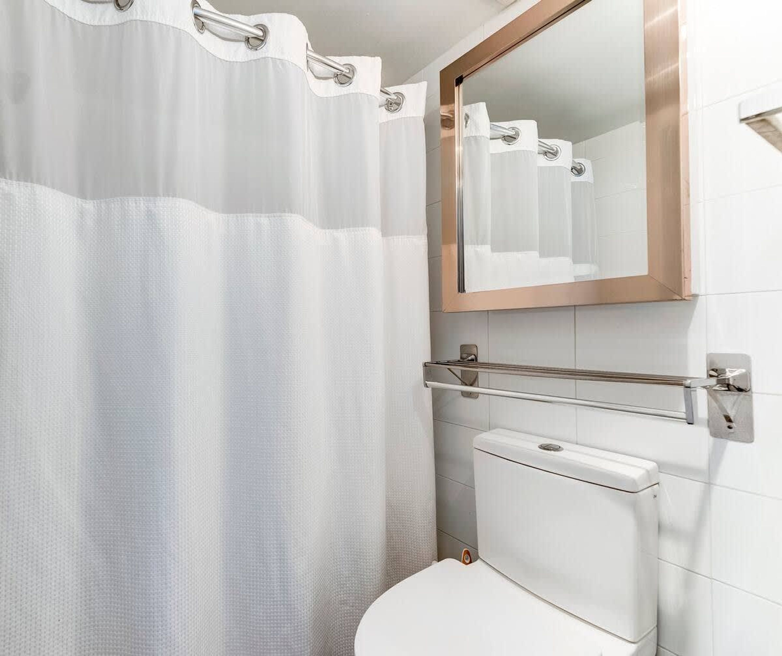 Un baño con inodoro blanco, cabina de ducha de vidrio y espejo con marco de madera.