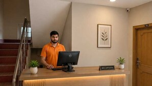 A reception desk with a computer, a sign reading 'RECEPTION,' and a staircase in the background. - The Nature Crest Manali (Manali)