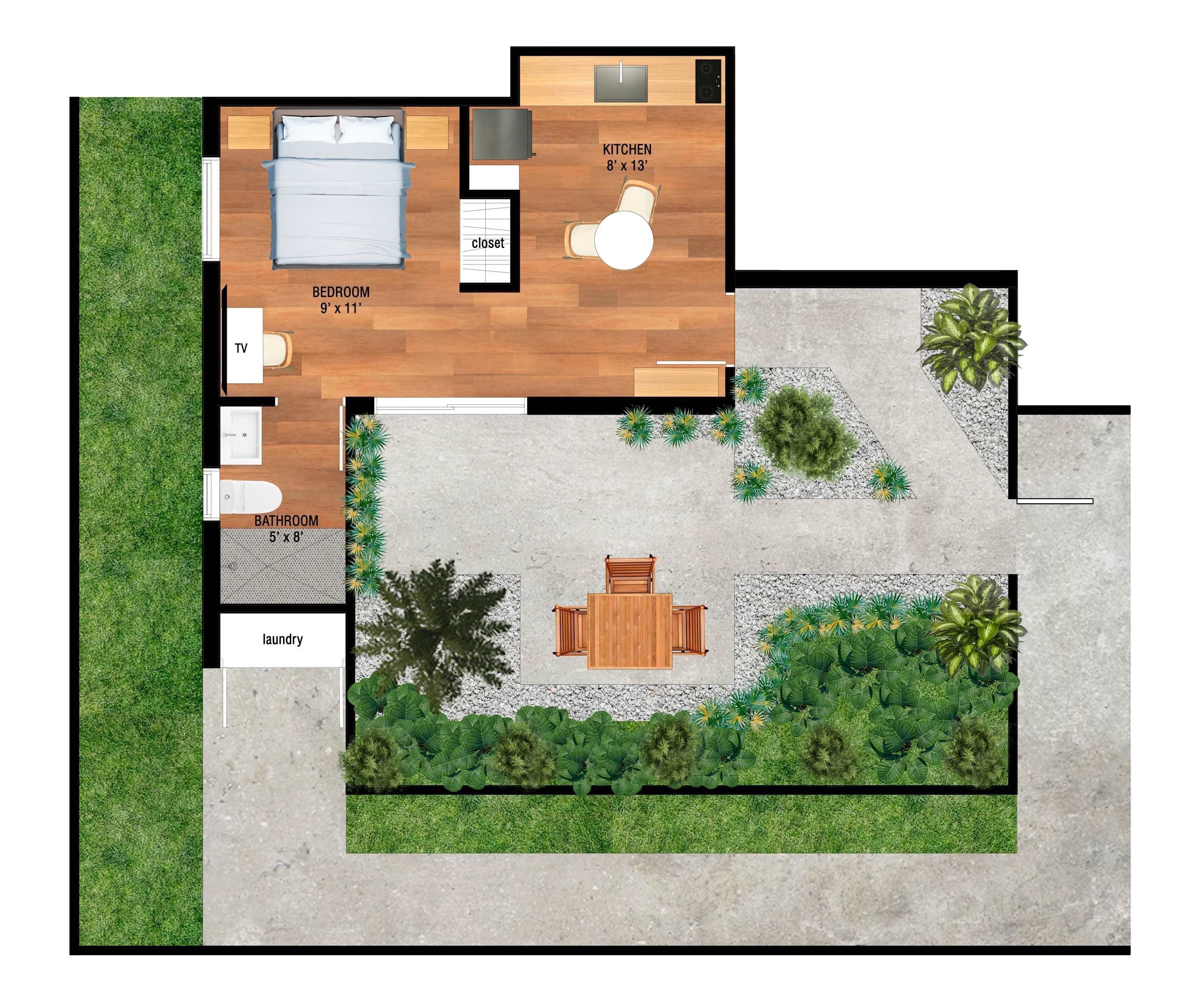 Grundriss eines Hauses mit Schlafzimmer, Bad, Küche und Garten.