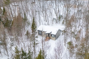 Uma cabana moderna rodeada por uma floresta densa, com um telhado coberto de neve e uma entrada visível.