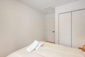 Quarto com uma cama, guarda-roupa e porta.