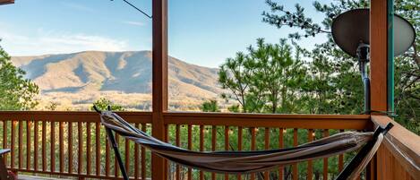A wooden deck with a hammock, a satellite dish, and a view of mountains.