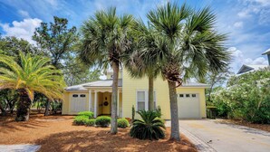 A yellow house with a garage, surrounded by palm trees and pine trees.