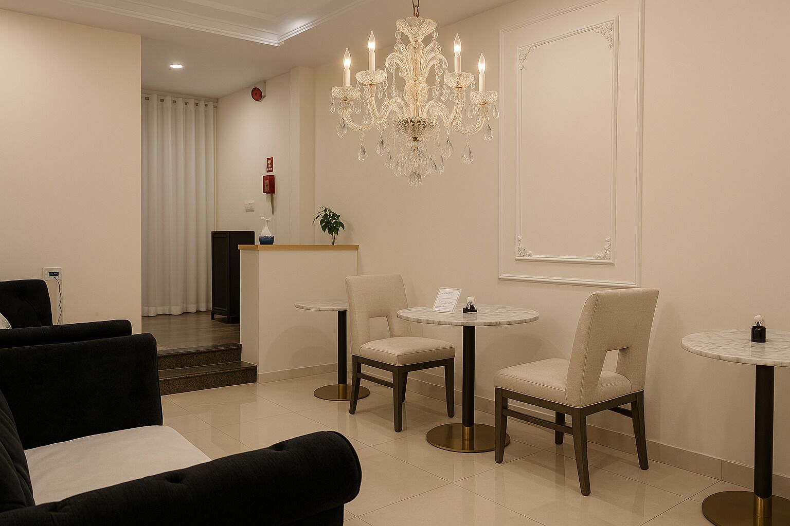 A hotel lobby with a reception desk, a chandelier, and seating areas.