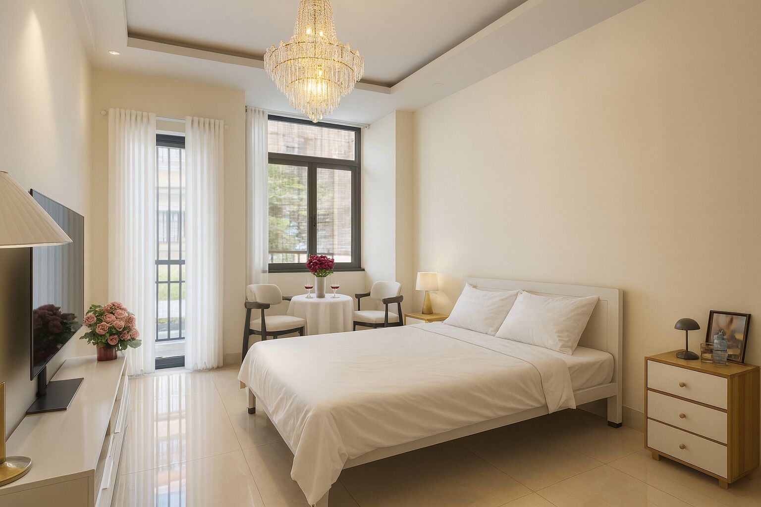 A hotel room with a large bed, a TV, a desk with a lamp, a chair, a small table with flowers, and a chandelier.