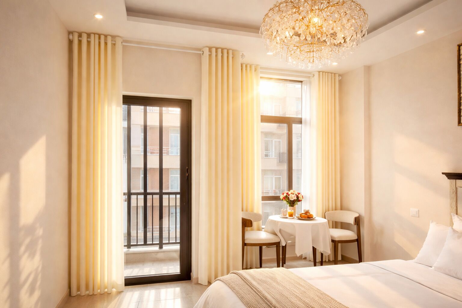 A hotel room with a large bed, a chandelier, a dining table with chairs, and a view through a window.