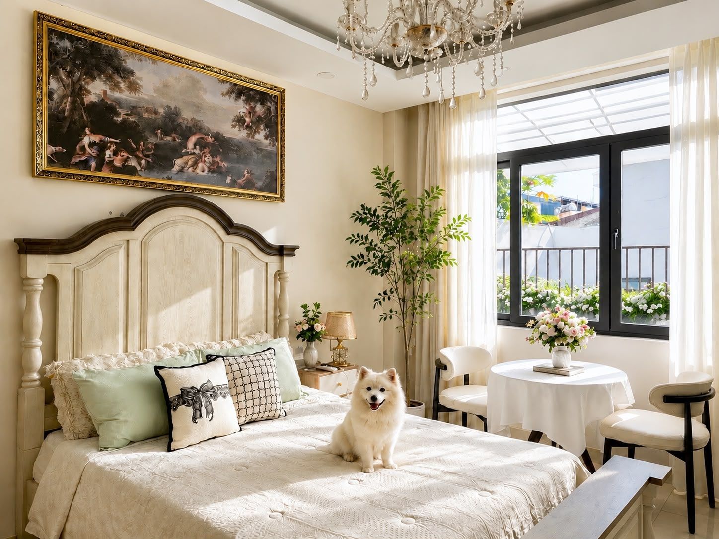 A bedroom with a large bed, a chandelier, a painting, a window with a view, and a dog.