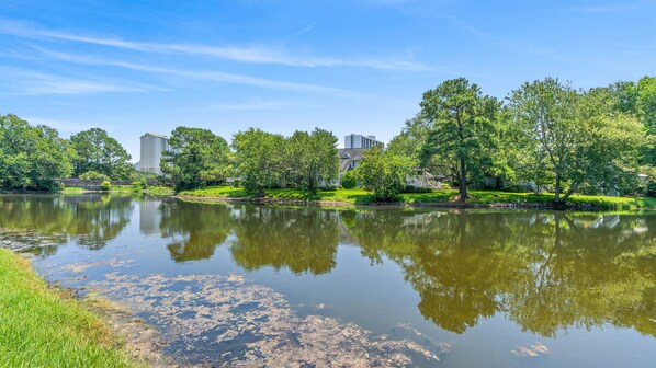 Un lago sereno con reflejos de árboles y edificios, rodeado de abundante vegetación y un cielo despejado.