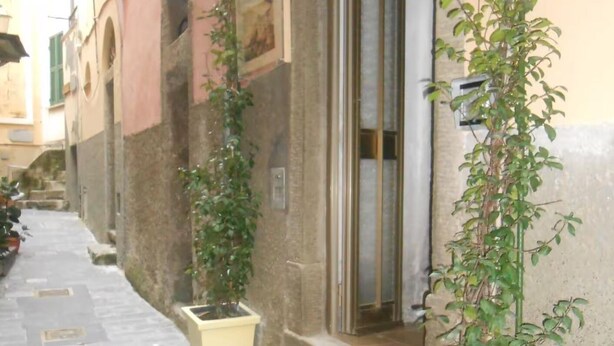 Un carrer estret amb edificis a banda i banda, una vorera estreta i plantes en testos al llarg del camí.