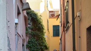 Un carreró estret amb escales de pedra que condueixen a l'entrada d'un edifici.