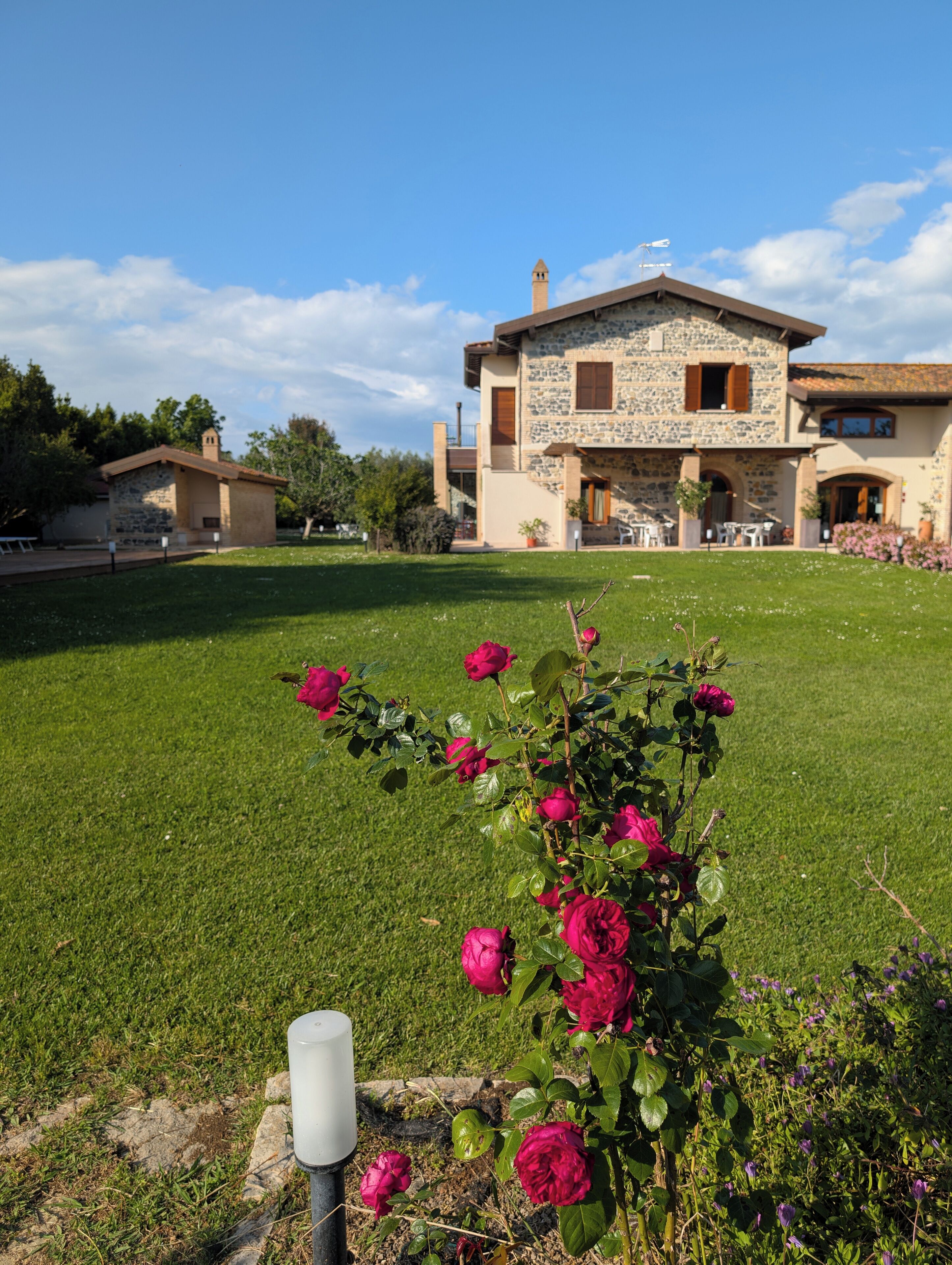 A stone building with a stone roof, a small tower, and a lawn with pink roses.