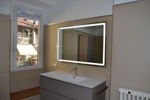 Shower, hair dryer, bidet, towels