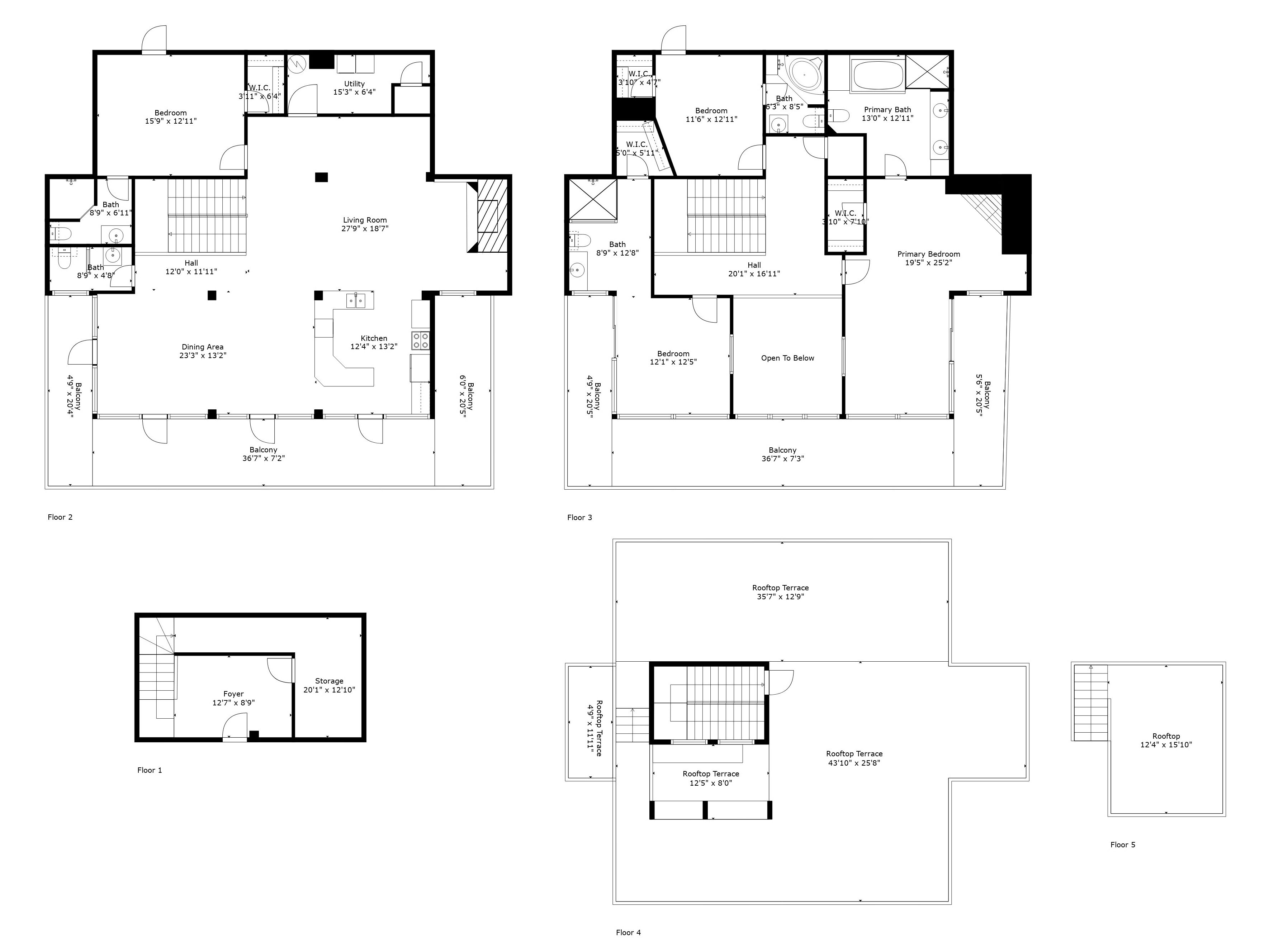 A multi-floor building layout with bedrooms, bathrooms, a dining area, and a rooftop terrace.