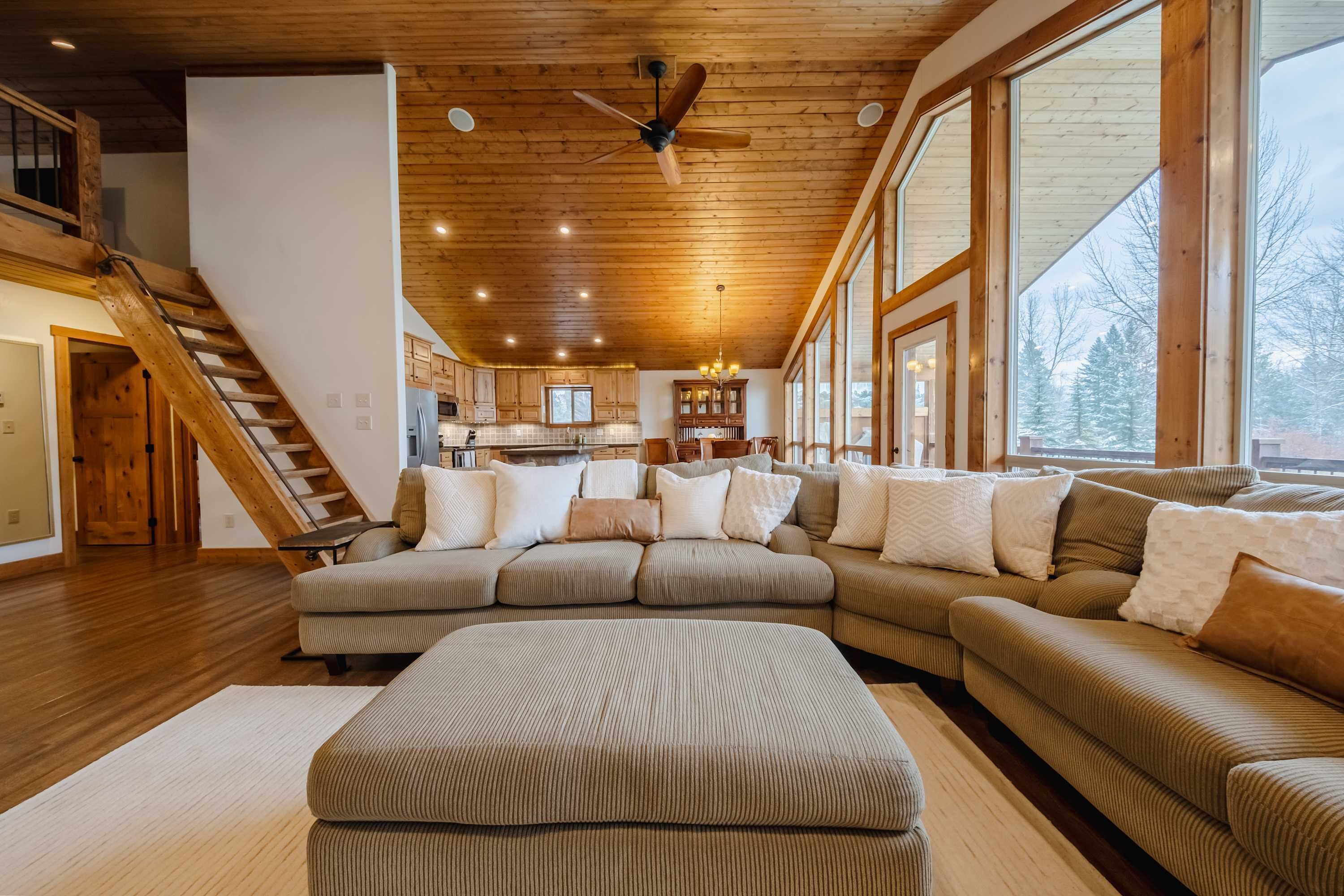 House, Multiple Beds, Patio, Mountain View (Flathead River Retreat) | Living area | 55-inch flat-screen TV with digital channels, fireplace