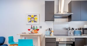 Fridge, microwave, stovetop, toaster