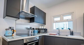 Fridge, microwave, stovetop, toaster