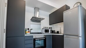 Fridge, microwave, stovetop, toaster