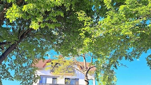 Een gebouw met twee verdiepingen en een balkon, omringd door bomen en een heldere lucht.