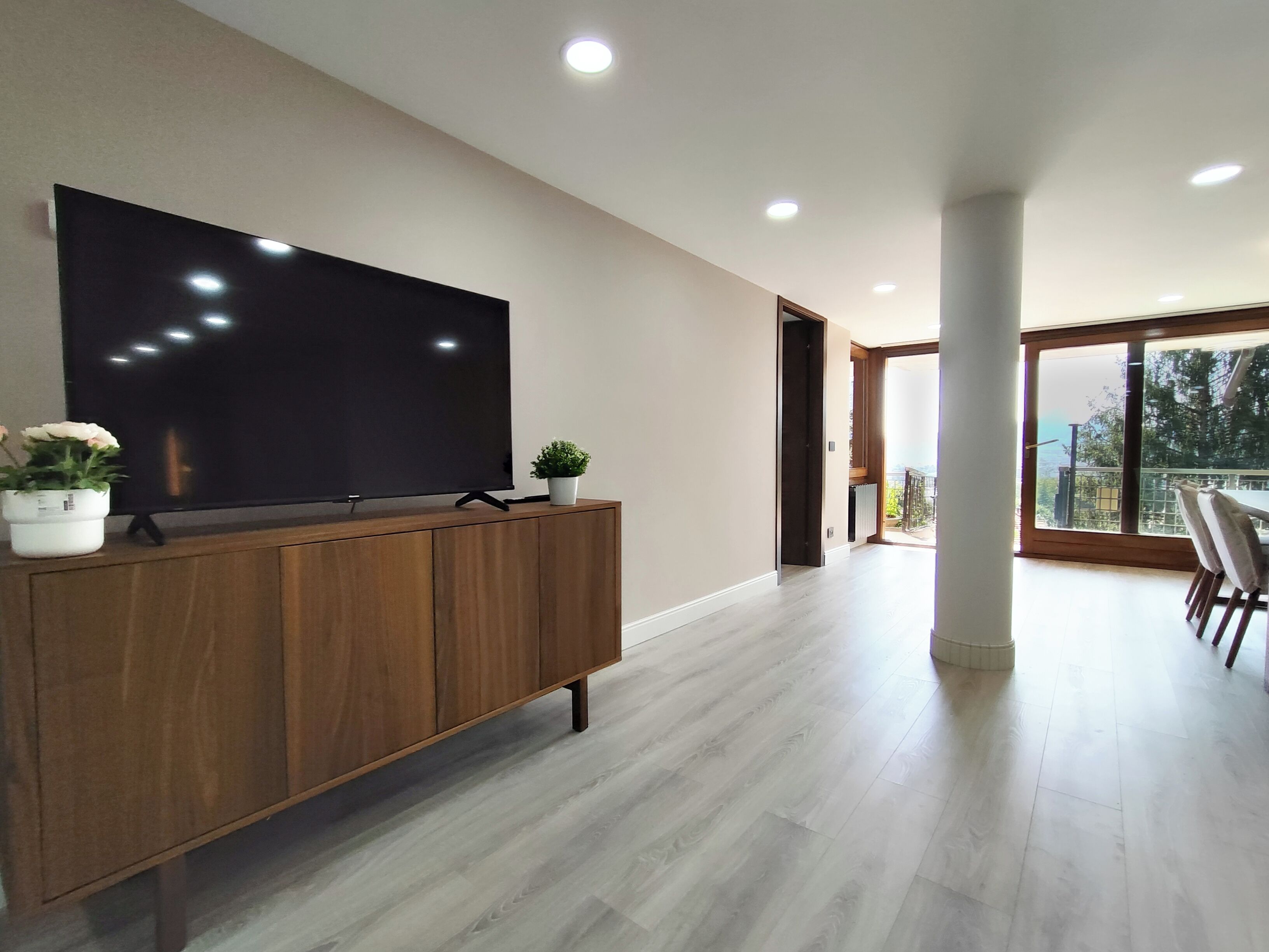 A modern living room with a large flat-screen TV on a wooden cabinet, a small potted plant, and a view of an outdoor balcony through a large window.