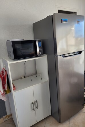 Compact kitchen area with a refrigerator, microwave, and storage cabinet.