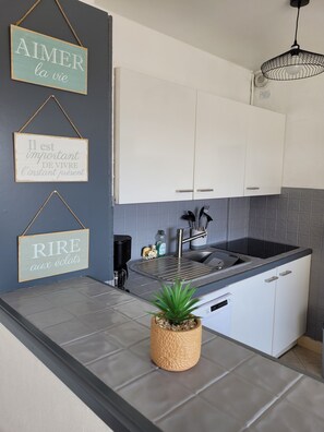 Fridge, microwave, stovetop, dishwasher - T2 35m2 50 meters beach. Terrace 8m2 (Le Barcarès)