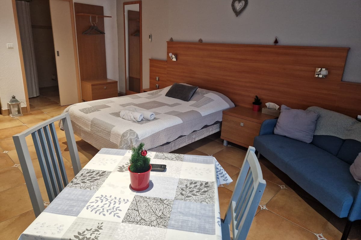 A bedroom with a bed, a nightstand, a dresser, a table with a plant, and a blue sofa.