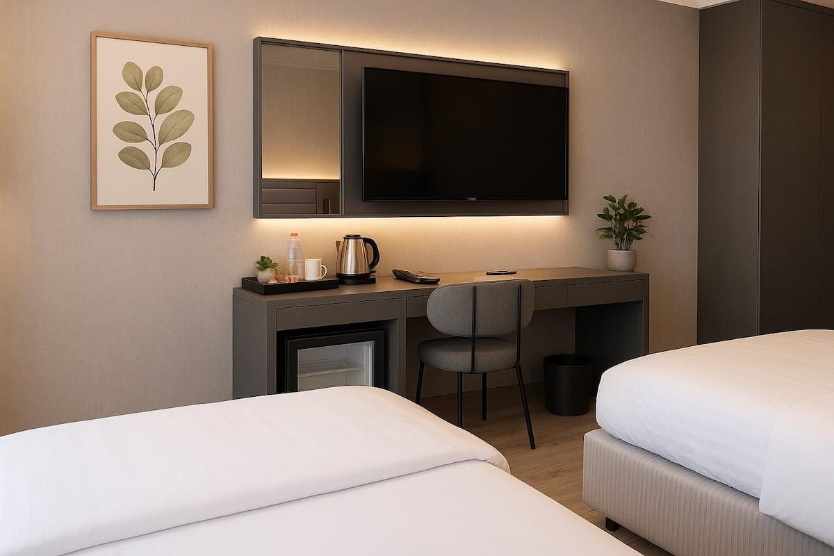 A hotel room with a bed, a desk with a chair, a television, and a framed plant on the wall.