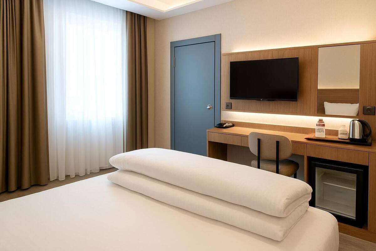 A hotel room with a bed, a desk with a chair, a television, a minibar, and a door.
