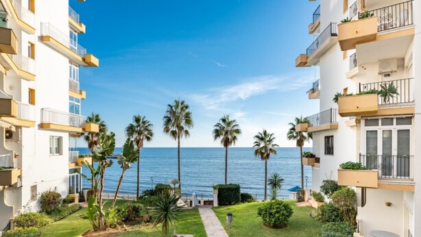 Un complejo de apartamentos frente a la playa, con balcones, palmeras y vista despejada al océano.
