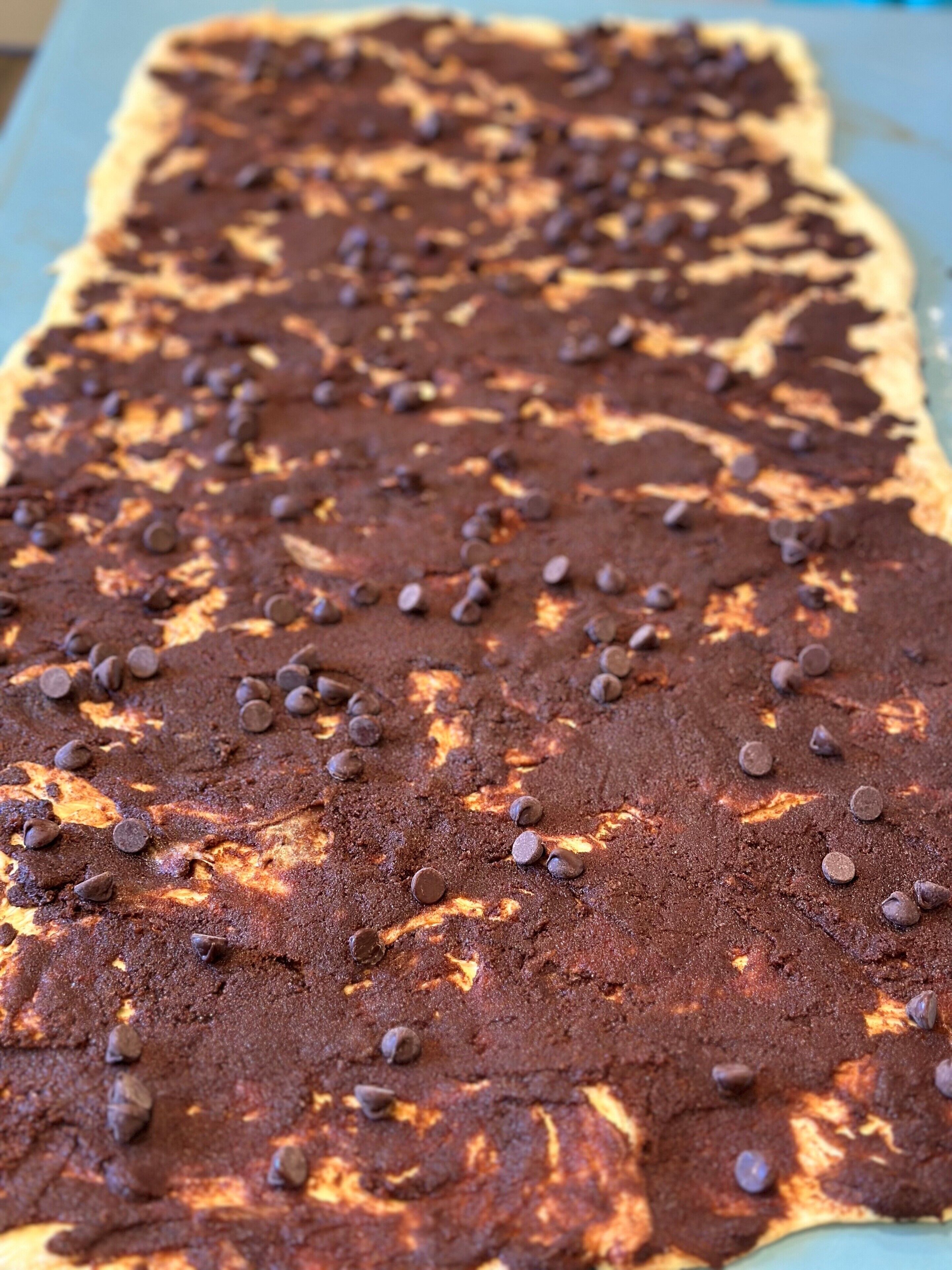 A chocolate dessert with chocolate chips on a tray.