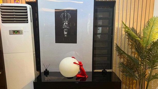 A room with a black-framed mirror, a white air conditioner, a framed artwork, a red sculpture, and a potted plant. - Sound View Lounge and Apartments (Enugu)