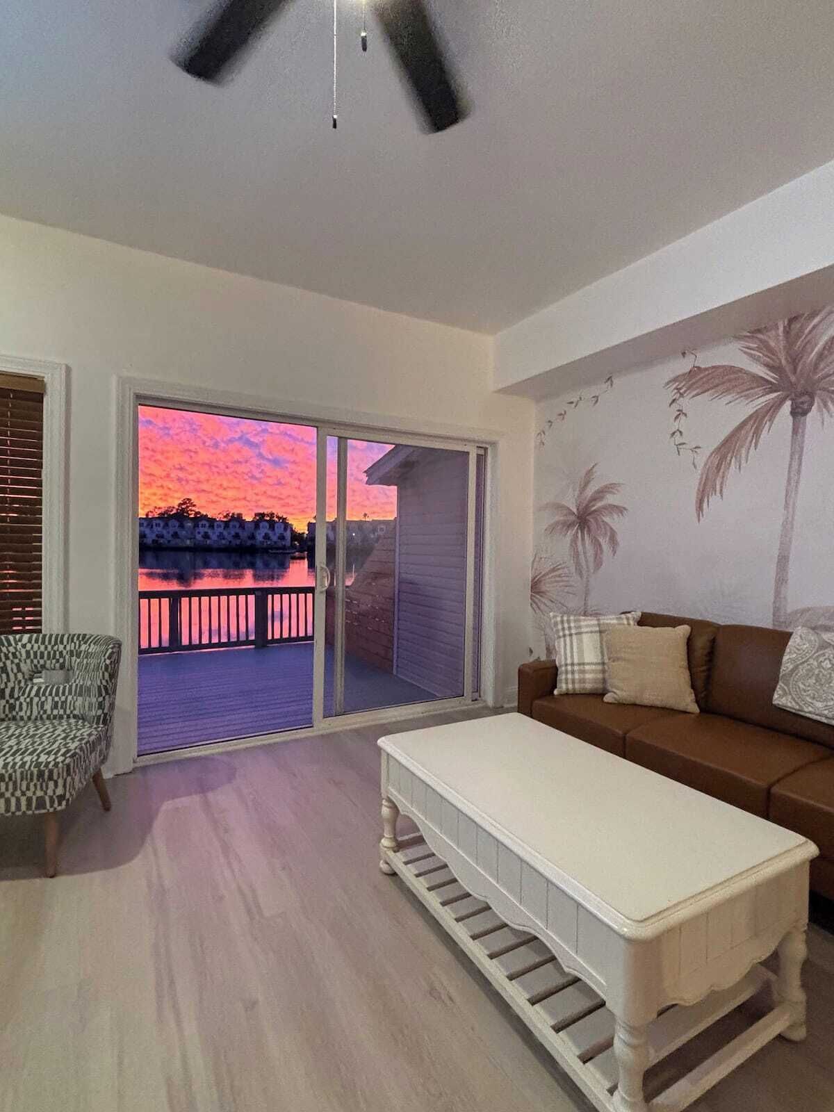 Smart TV, fireplace, books