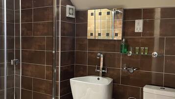 Hair dryer, towels, soap, toilet paper