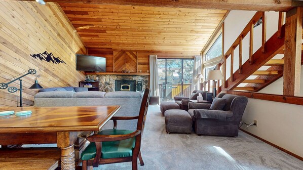 TV, fireplace, DVD player, books