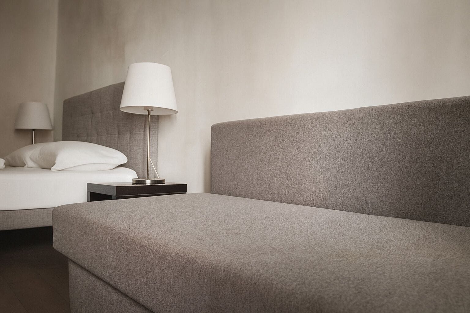 Una habitación de hotel moderna con un sofá gris, una cama con ropa blanca y una mesita de noche con una lámpara.
