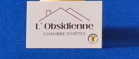 A billiards table with a variety of colored balls and a logo for 'L'Obsidienne Chambre d'Hôtes'.