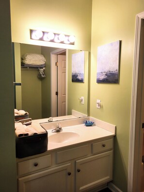 Hair dryer, towels, toilet paper