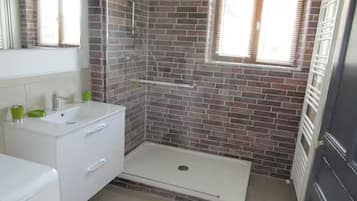 Shower, hair dryer, soap, toilet paper