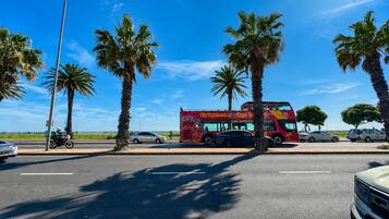 A red double-decker bus with 'City Sightseeing Cape Town' written on it, parked on a street with palm trees and a clear blue sky.
