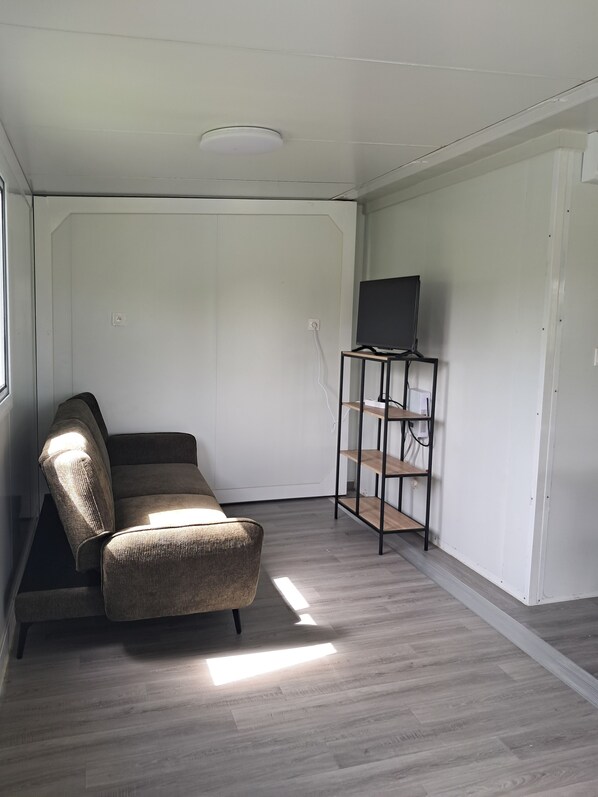 A room with a sofa, a TV on a stand, and a white wall.