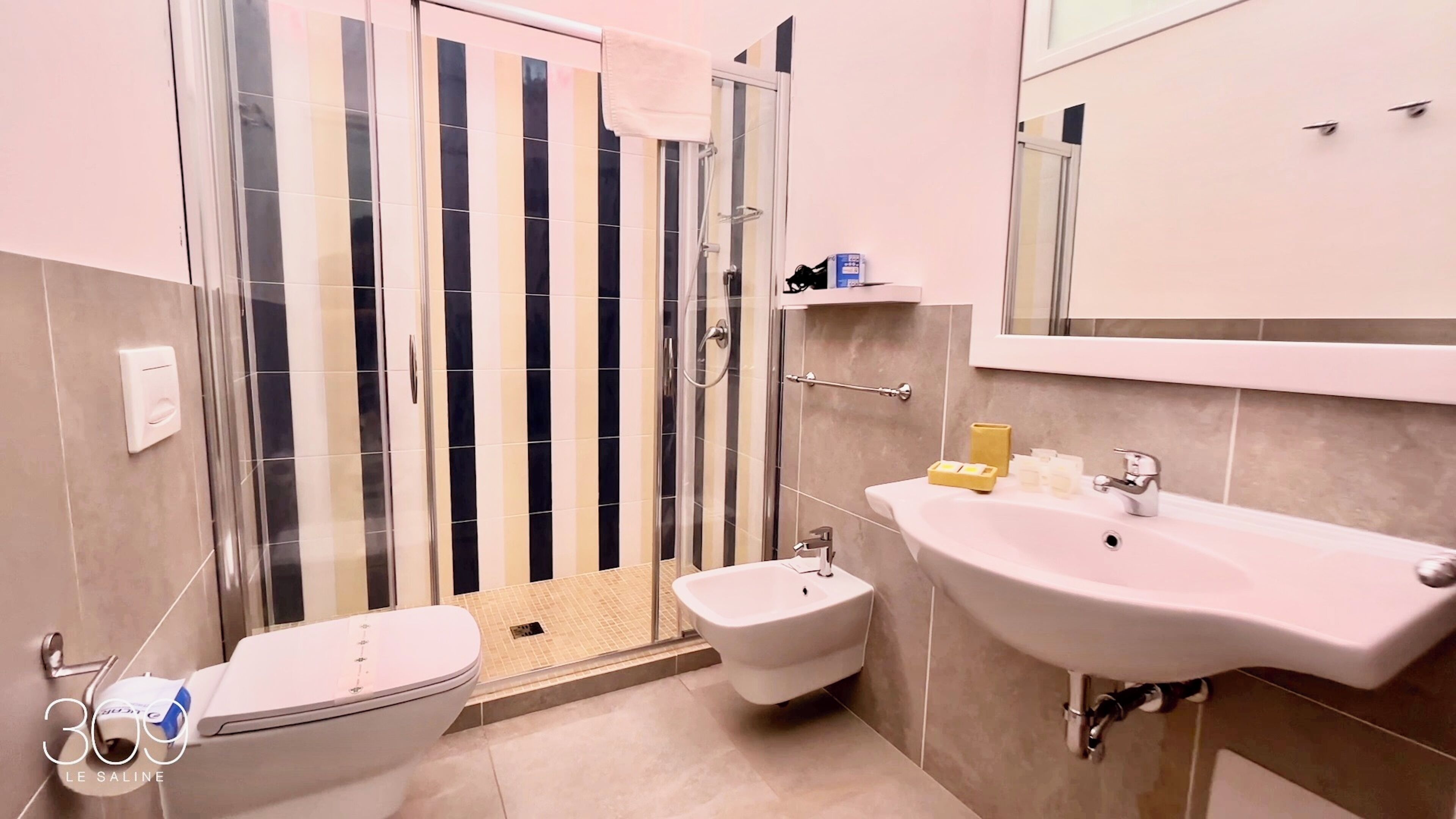 A bathroom with a toilet, bidet, sink, and a glass shower enclosure.