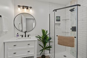Shower, towels, soap, shampoo