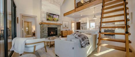 House, Multiple Beds, Hot Tub, Mountain View (Wilderness Club Nest) | Living area | 50-inch flat-screen TV with digital channels, fireplace