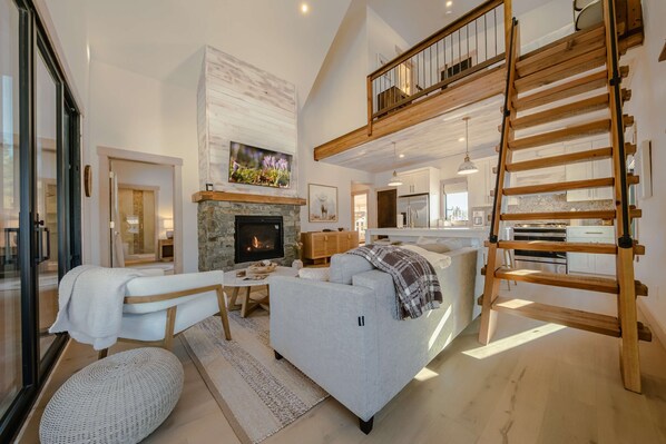 House, Multiple Beds, Hot Tub, Mountain View (Wilderness Club Nest) | Living area | 50-inch flat-screen TV with digital channels, fireplace