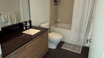 Hair dryer, towels, soap, toilet paper