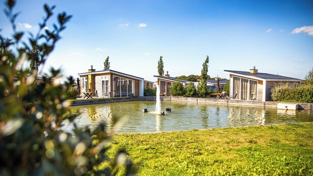 Een modern huis met een zwembad, omringd door groen en andere woningen.