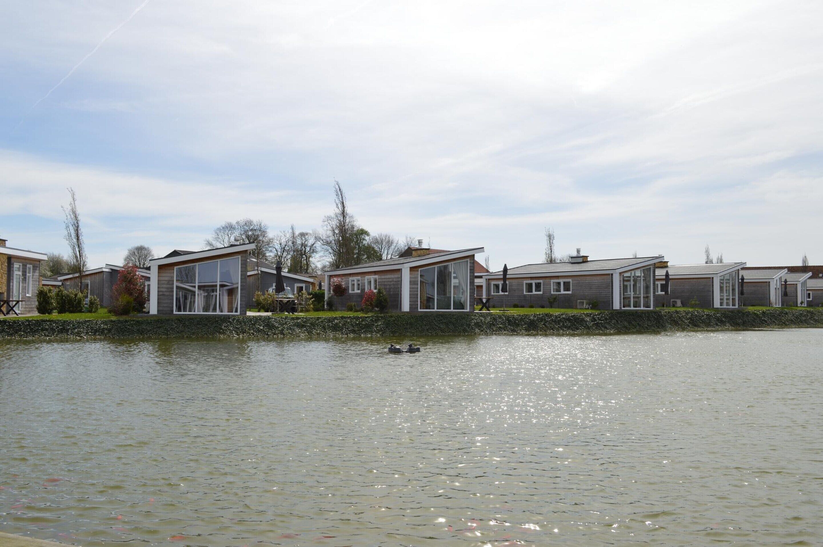 Une rangée de maisons modernes, avec un étang au premier plan.