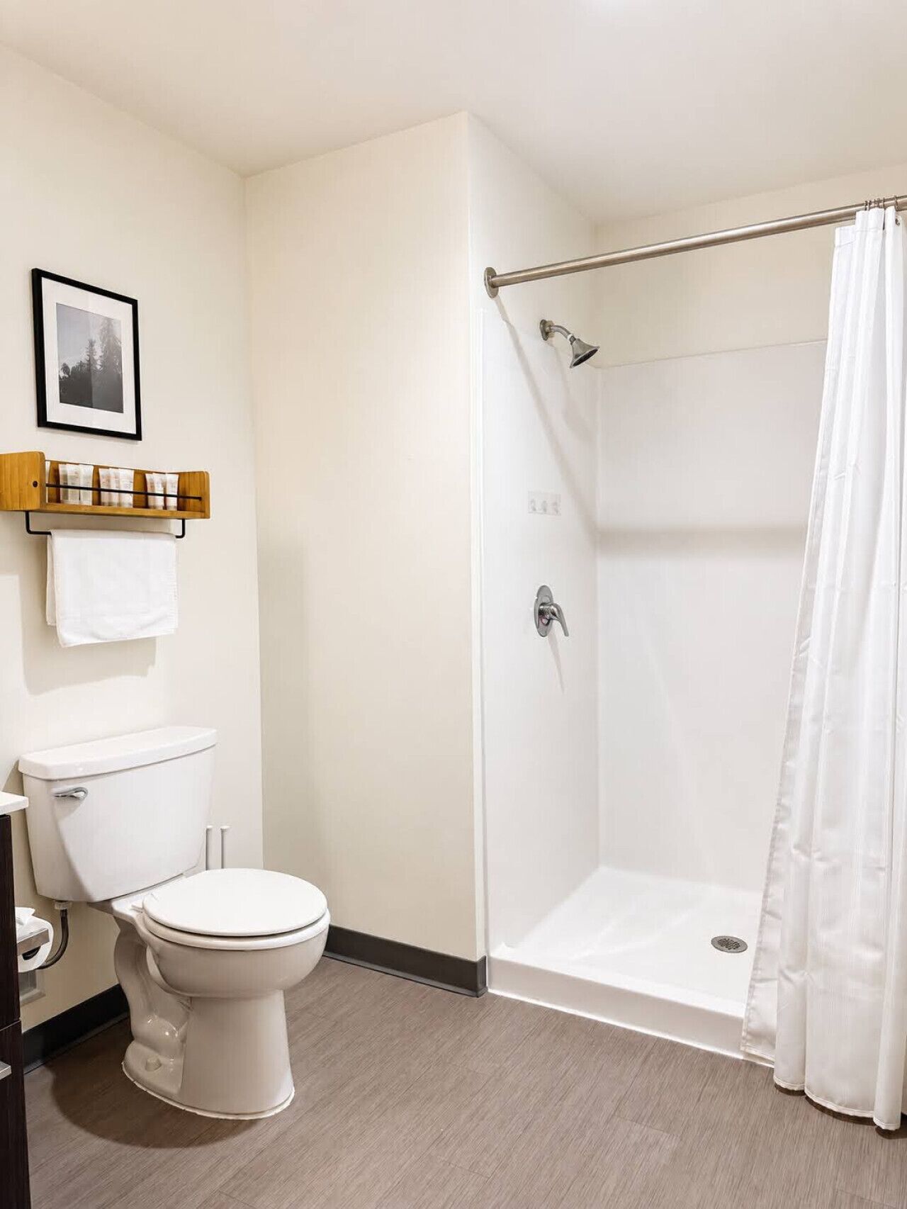 A bathroom with a toilet, shower, and a towel rack with a picture above it.